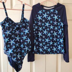 Lands End Girls Size 8 Starfish Rash Guard Swim Set Navy & Blue